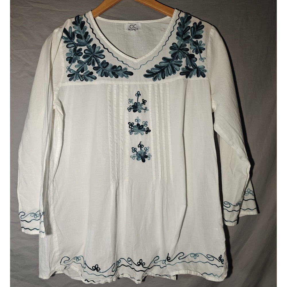 Chic Connection Womens White Blue Floral Embroidered Cotton Tunic Top Large Boho